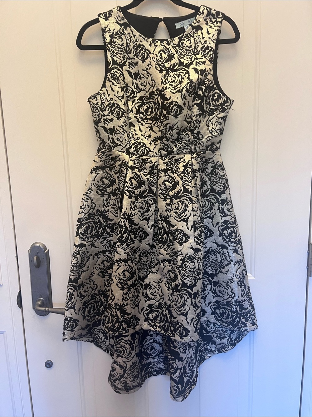 She + Sky Black and Gold metallic Floral High-Low Fit & Flare Dress